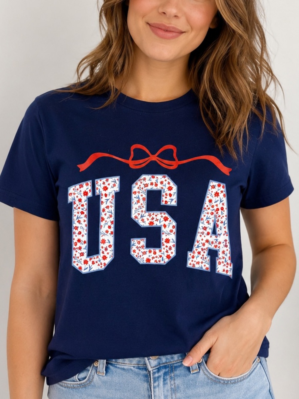 USA Floral Graphic Tee Navy Blue Bow Patriotic T-Shirt Small 100% Cotton Bow